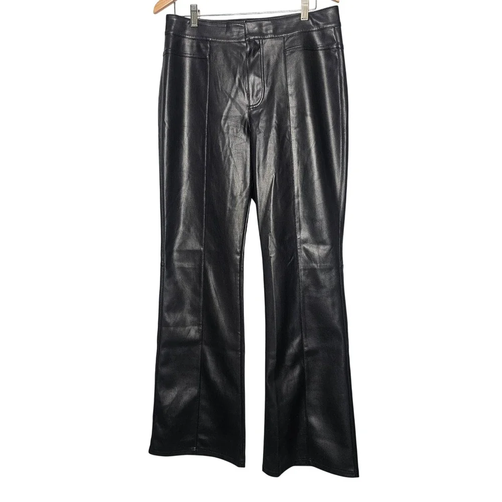 Free People Womens Glow Up Vegan Flare Pants 10 Black Faux Leather Boho Edgy
